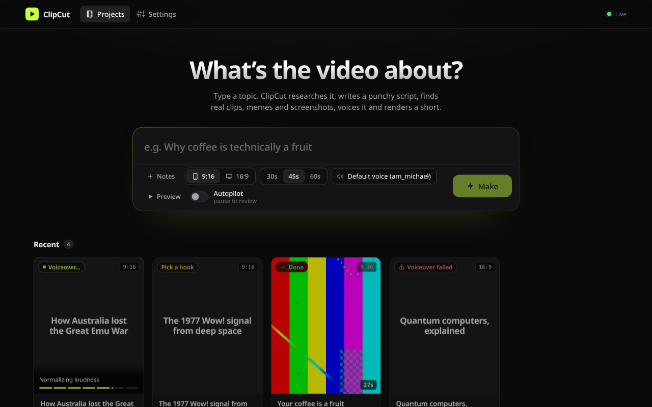 The ClipCut app: a topic box with format, length and voice options, above a grid of recent video projects