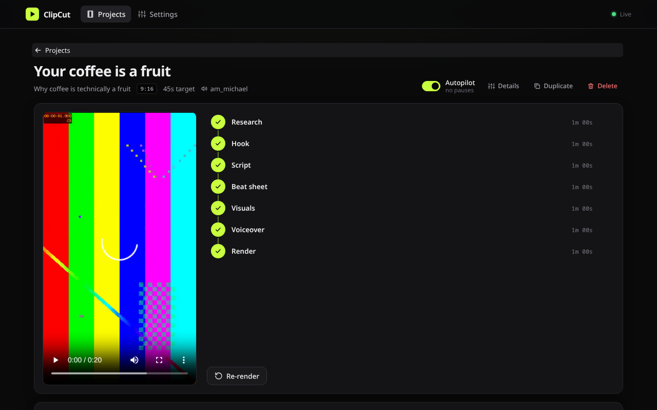 A finished ClipCut project: the video player next to the seven completed pipeline stages